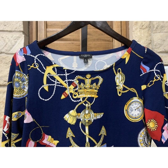 Talbots Women’s Nautical Print Bateau Neck 3/4 Sleeve Top Navy Size Petite Small - Picture 2 of 6